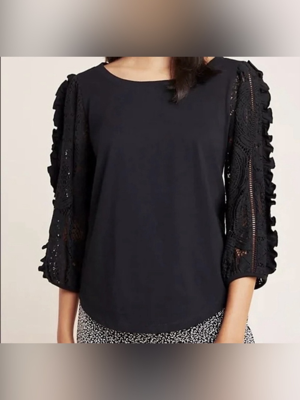 Anthropologie Black 3/4 Eyelet Sleeve Tie Neck Blouse - Size M